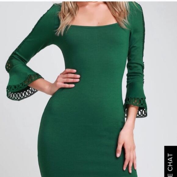 LULUS Emerald Green Bell Sleeve Mini Bodycon Cutout Dress XS Fitted NEW - Picture 3 of 11